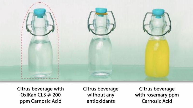 Color-impact comparison of OxiKan CLS, the water-soluble version of OxiKan CL, to rosemary extract in citrus beverages.