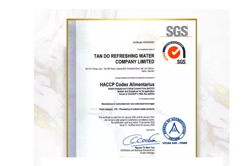 Tan Do also has achieved HACCP Codex Alimentarius - certificates in food and beverage production
